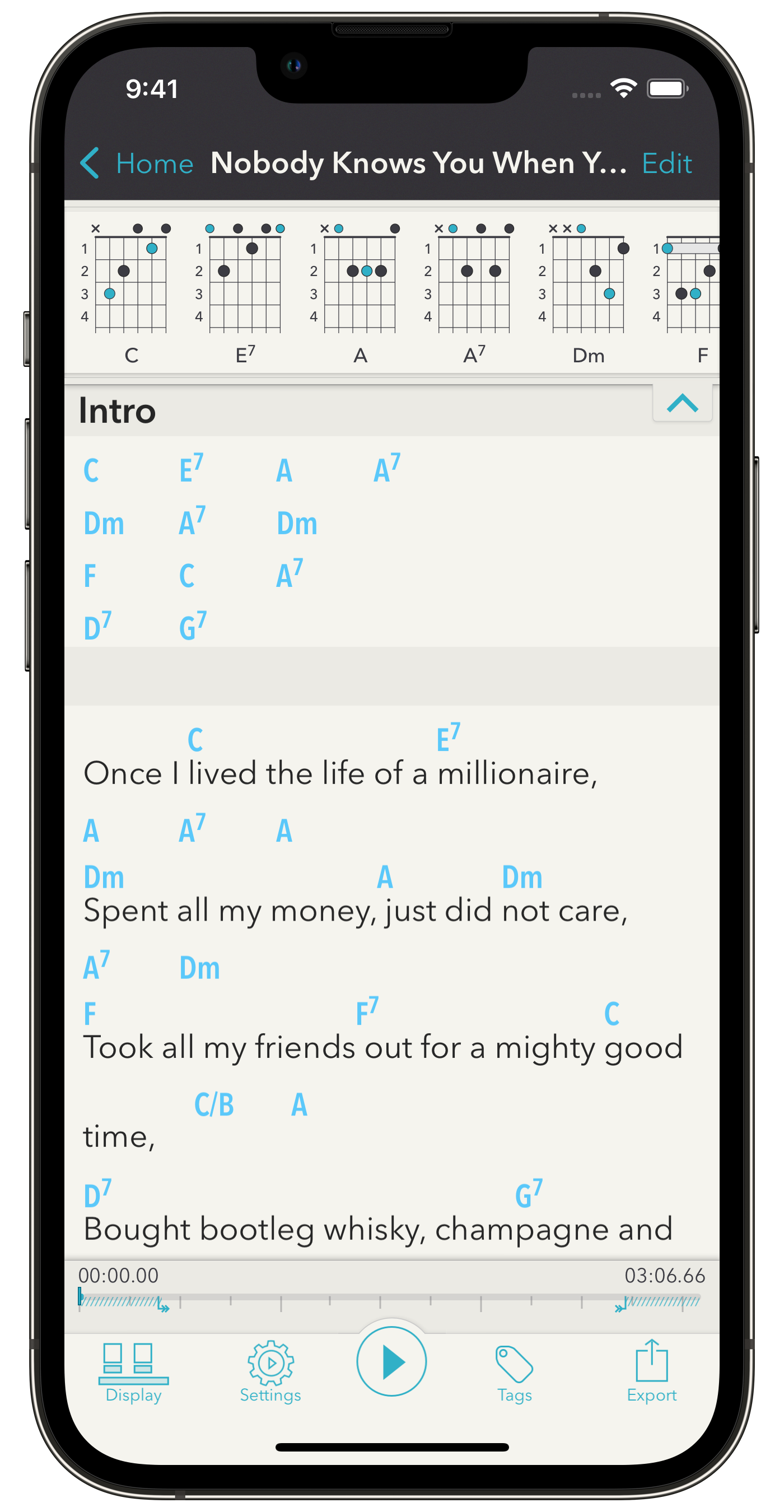 The same song with fingerings being hidden from the song's body and displayed at the top.