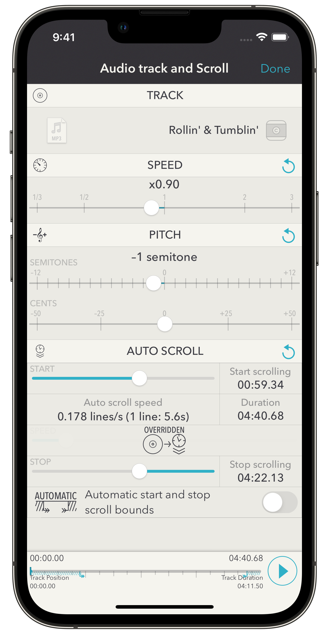 Presentation options when viewing a song. Colors and fonts can be set in the settings of the app.