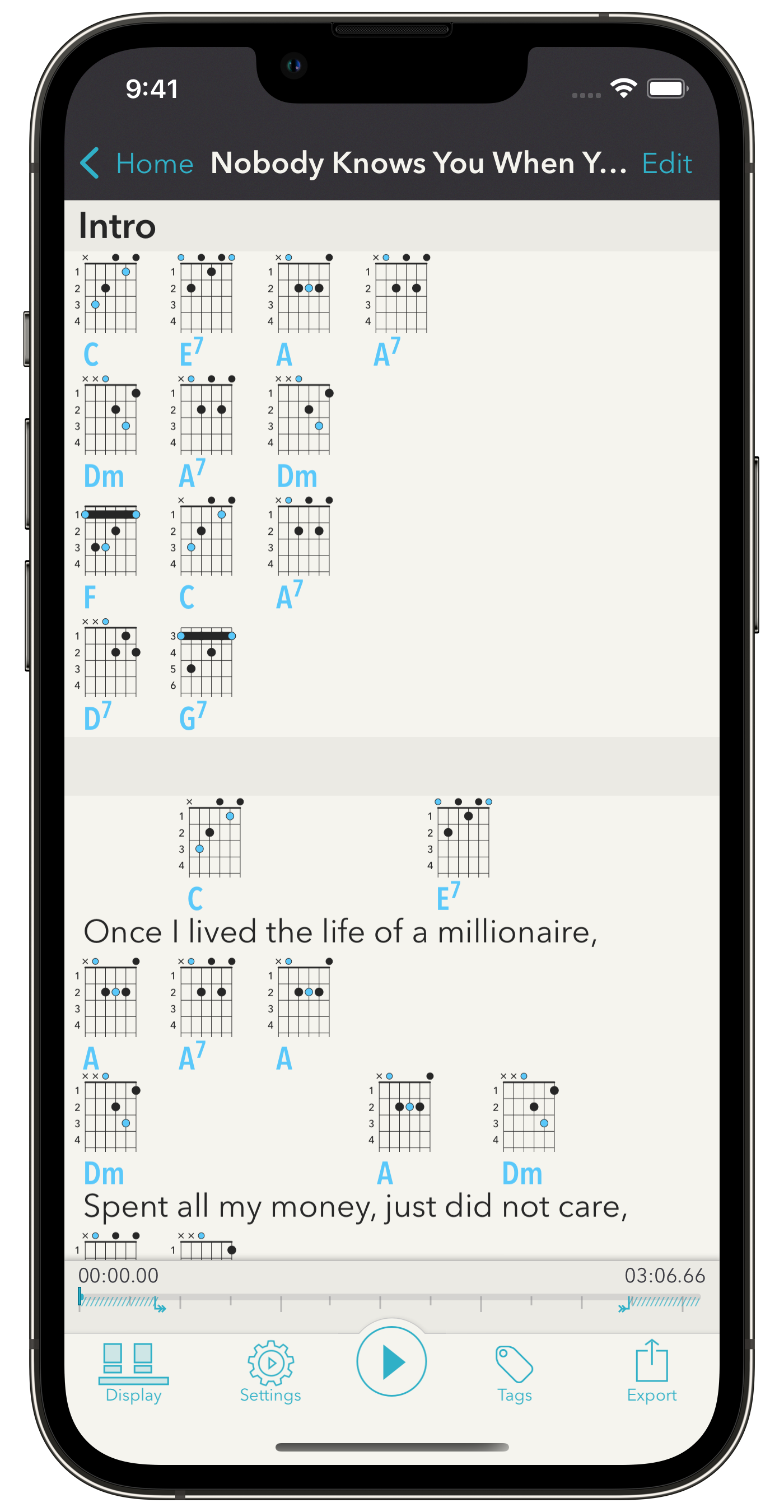 A song with fingerings being displayed on iPhone.