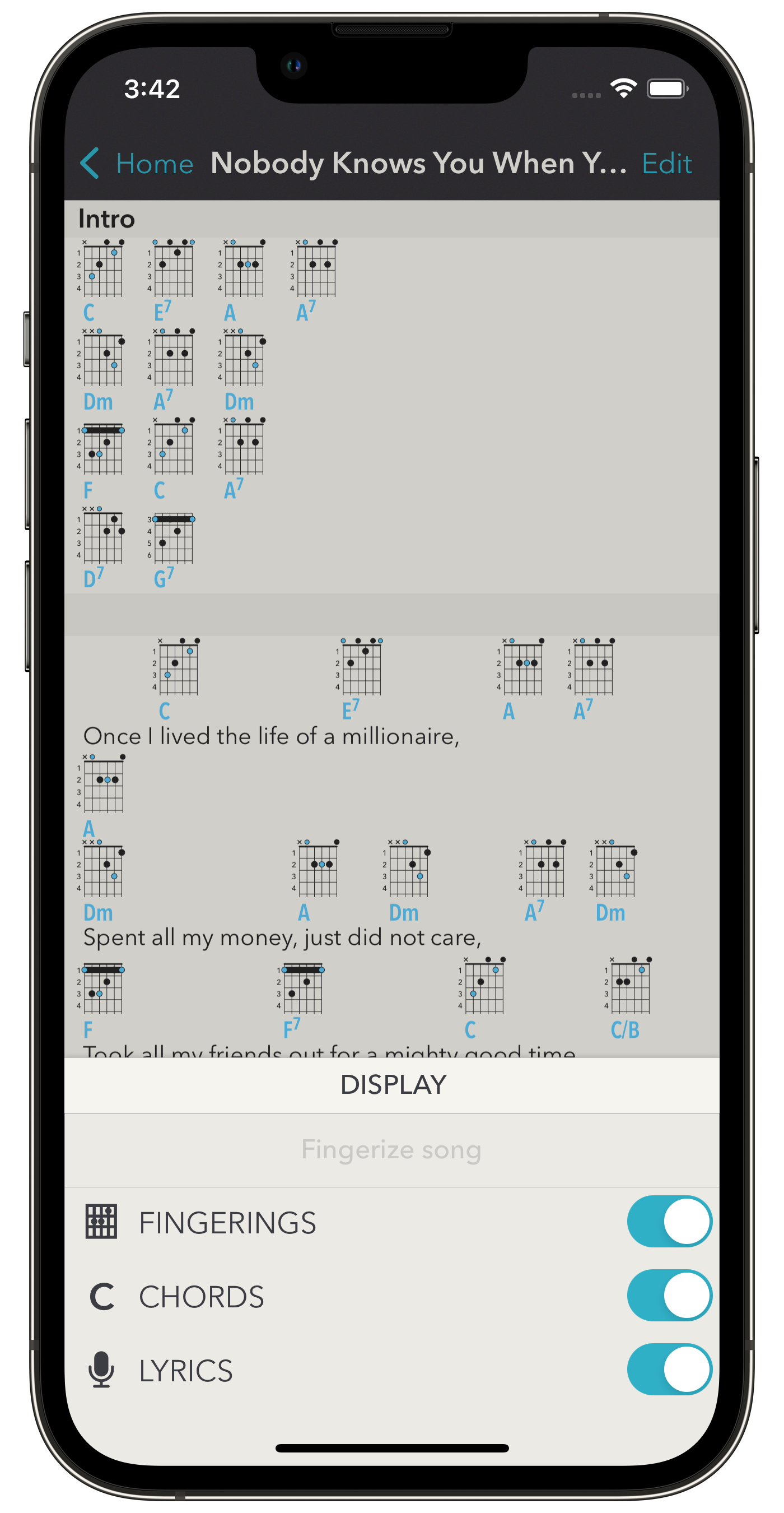 Presentation options when viewing a song.
Colors and fonts can be set in the settings of the app.